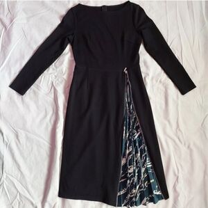 XS MOTF 2-in-1 Zipper pleated midi‎ black & green print dress - CES